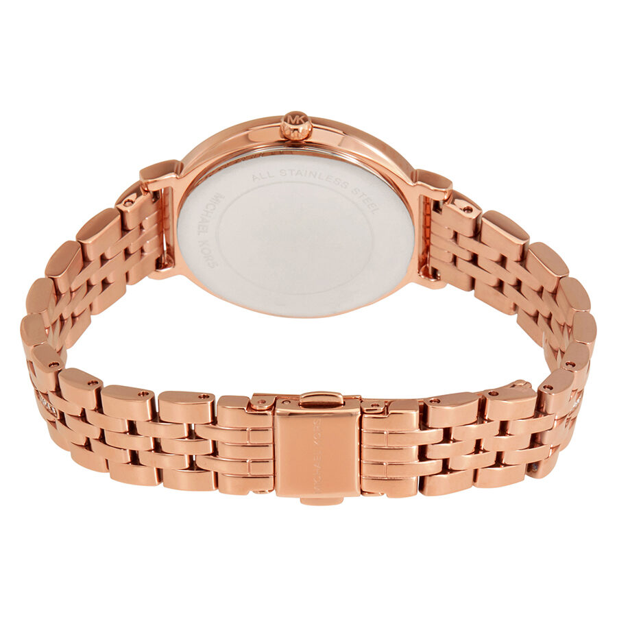 Michael Kors Cinthia watch caseback showing rose gold bracelet and clasp detail