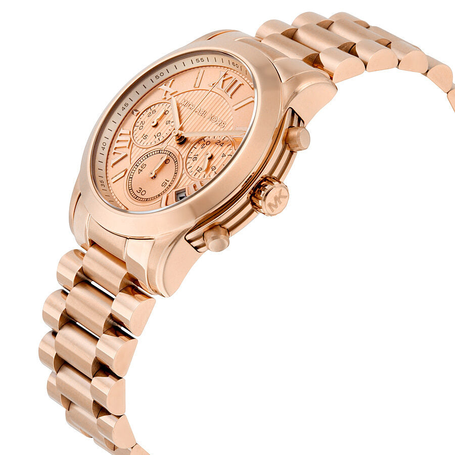 Michael Kors Cooper chronograph watch side view showing rose gold case and link bracelet