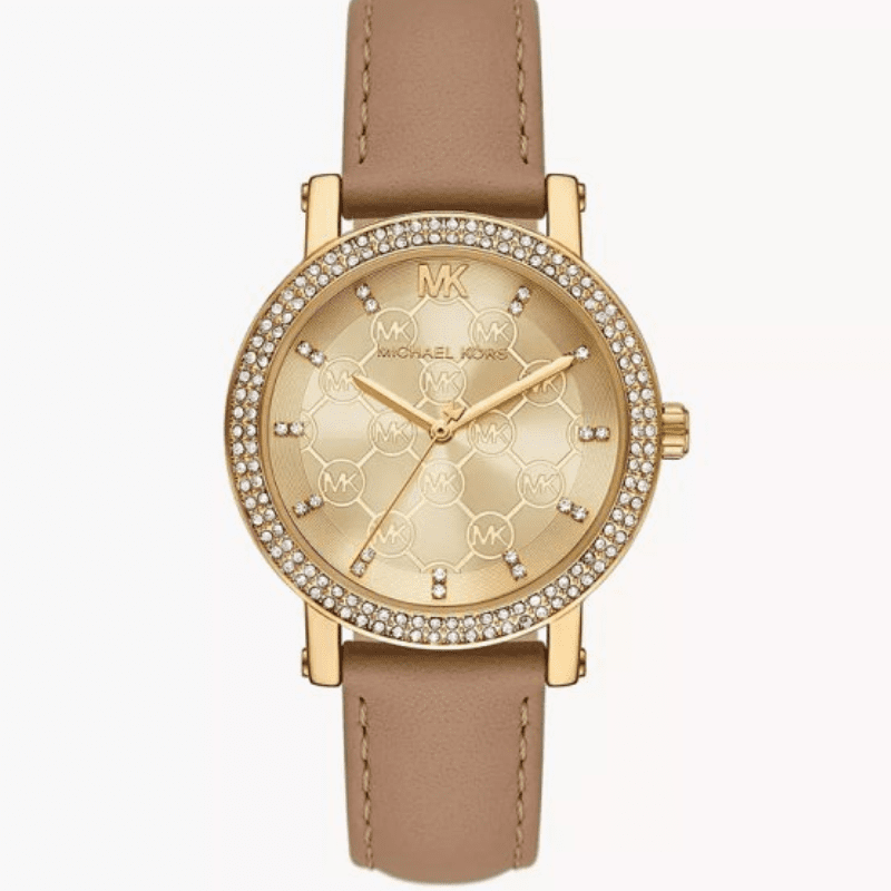 Michael Kors Corey gold analog dial watch with crystal bezel and brown leather strap