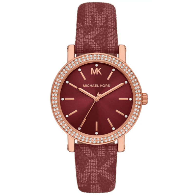 Michael Kors Corey watch with red dial, crystal-set bezel, rose gold case and red leather strap