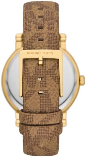 Michael Kors Corey watch caseback showing gold-tone case and patterned leather strap