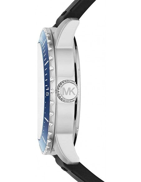 Side profile of Michael Kors Cunningham watch showing silver case and blue bezel