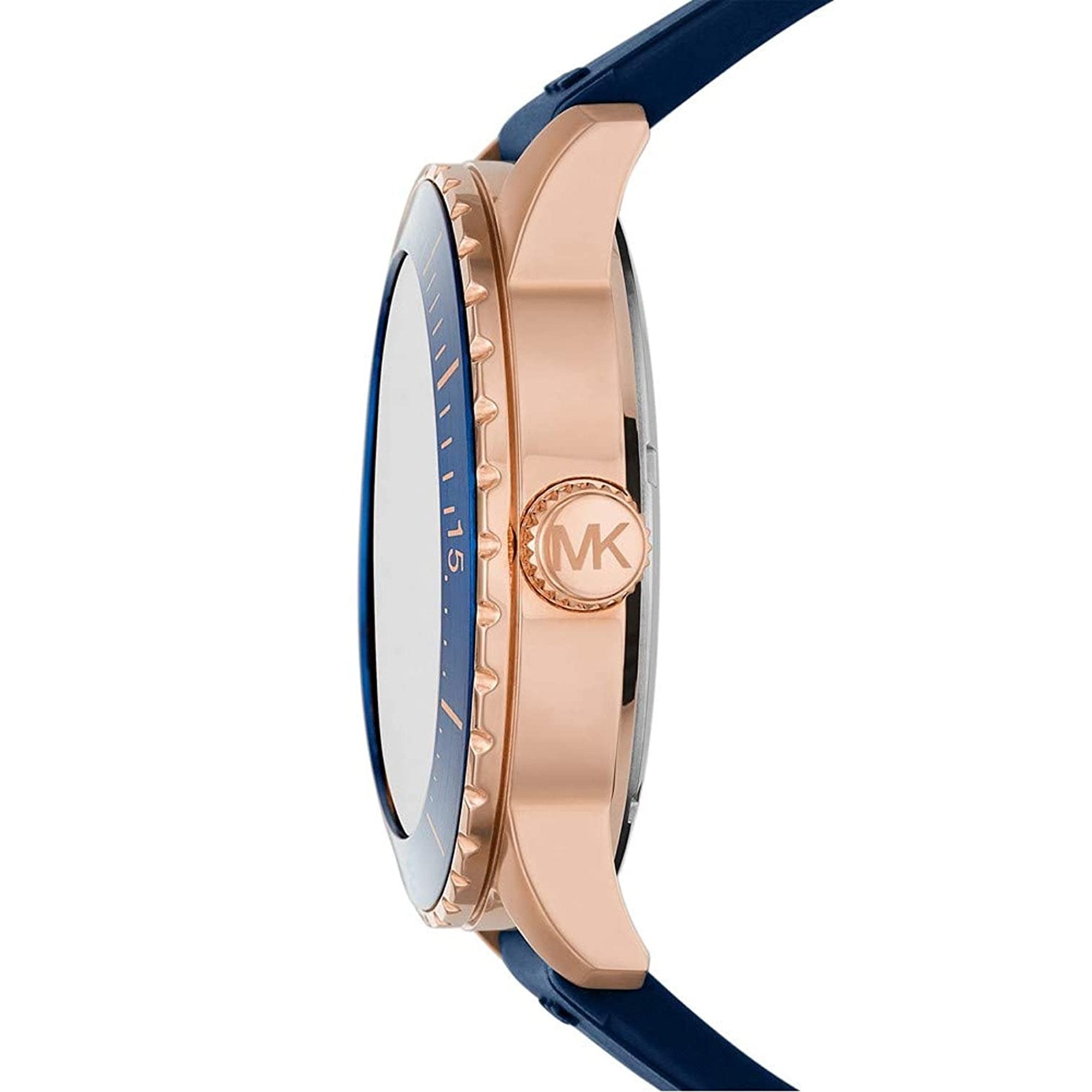 Side profile of Michael Kors Cunningham watch displaying rose gold case and MK logo on the band