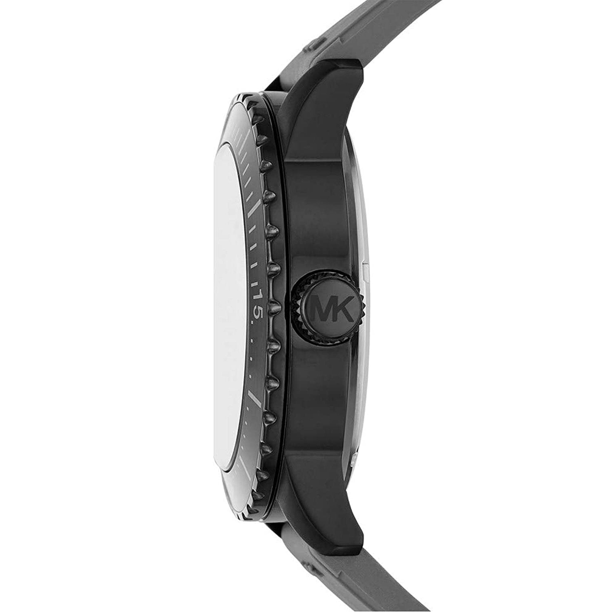 Side view of Michael Kors Cunningham watch showing black case profile and gray strap