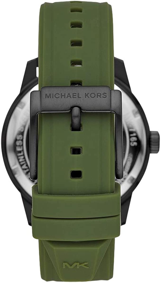 Michael Kors Cunningham watch caseback showing green strap attachment points and dial visible