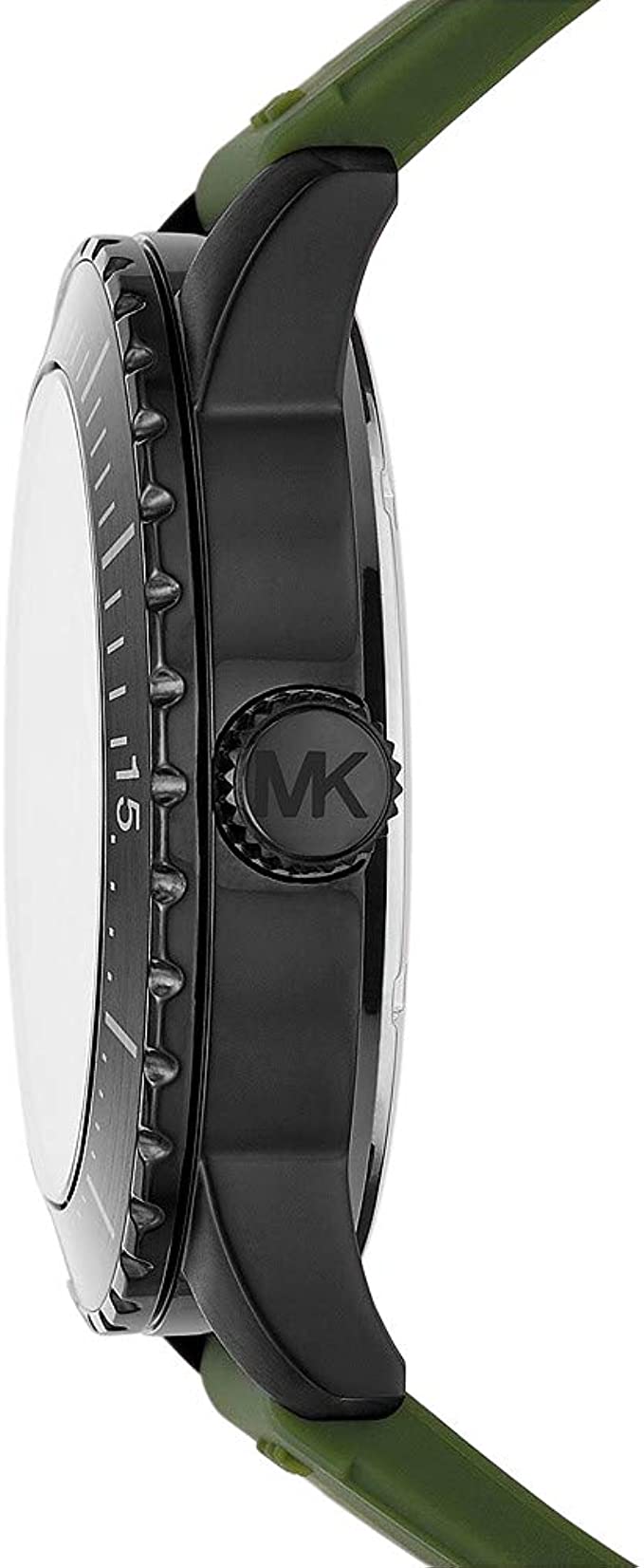 Michael Kors Cunningham watch side profile showing black case, pushers and green strap