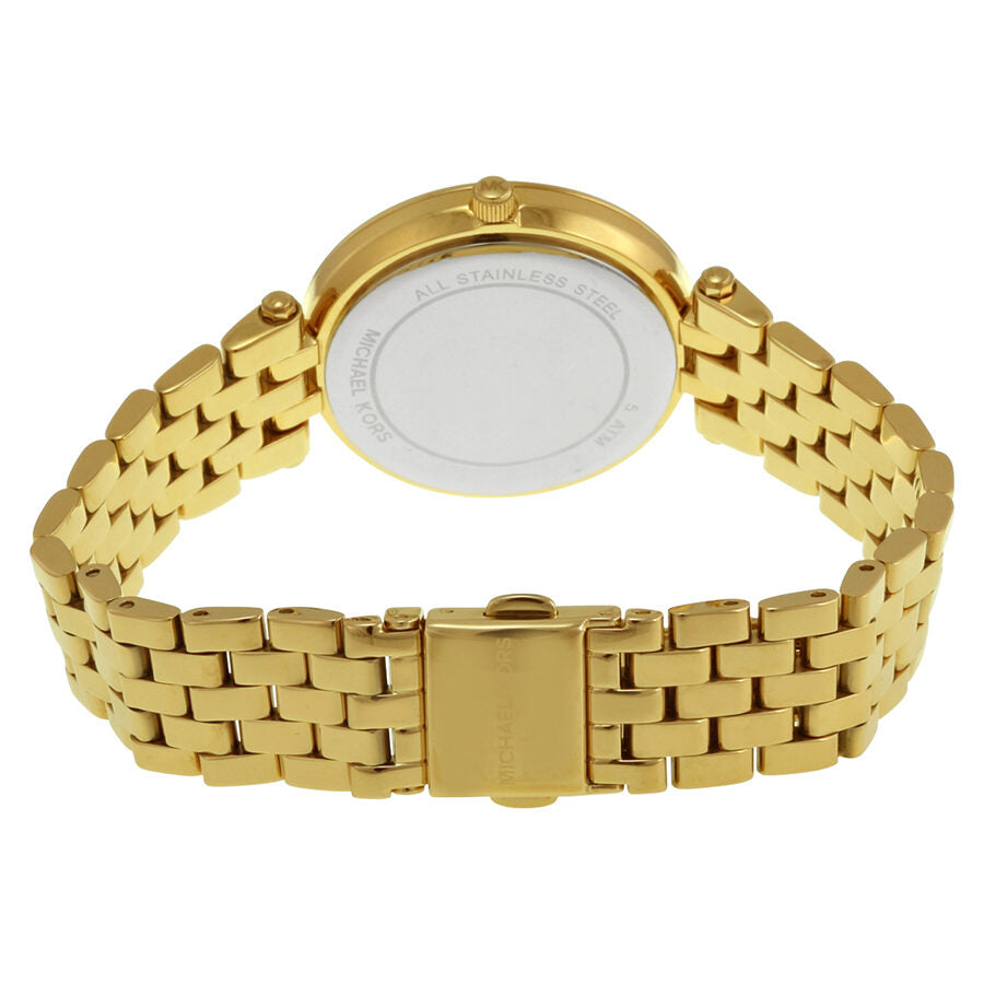 Michael Kors Darci Mini caseback showing gold-tone stainless steel bracelet and clasp