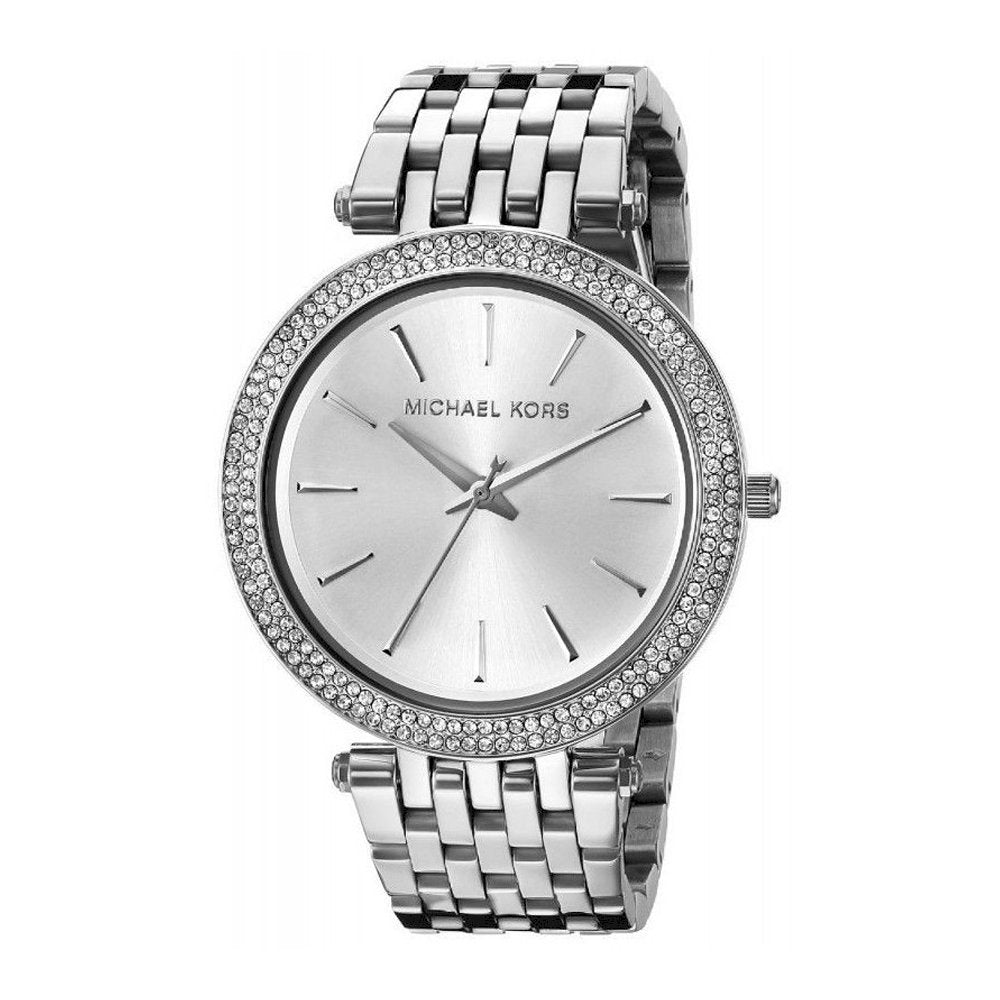 Michael Kors Darci silver-tone women's watch with crystal bezel and silver dial