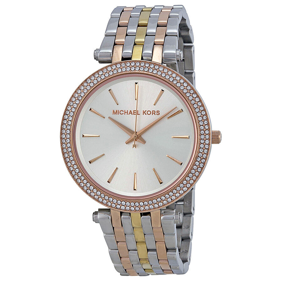Michael Kors Darci silver dial ladies watch with crystal-bezel case and tri-tone bracelet