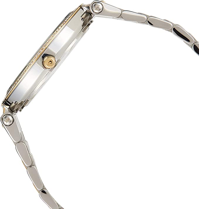 Side view of Michael Kors Darci watch showing two-tone bracelet and case profile