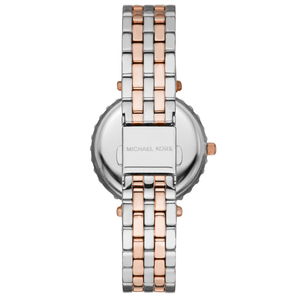 Caseback view of Michael Kors Darci watch with two-tone bracelet and crown details