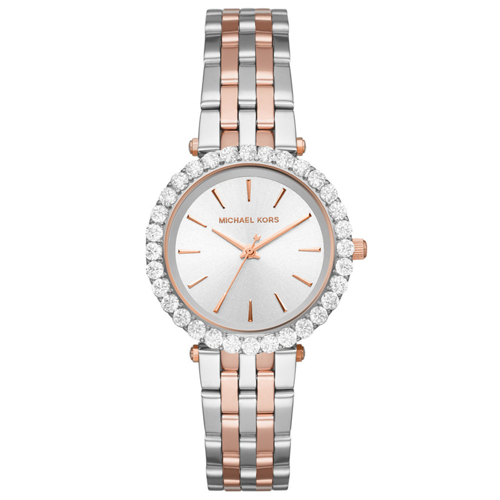 Michael Kors Darci ladies watch with white dial, crystal bezel, and two-tone rose gold silver bracelet