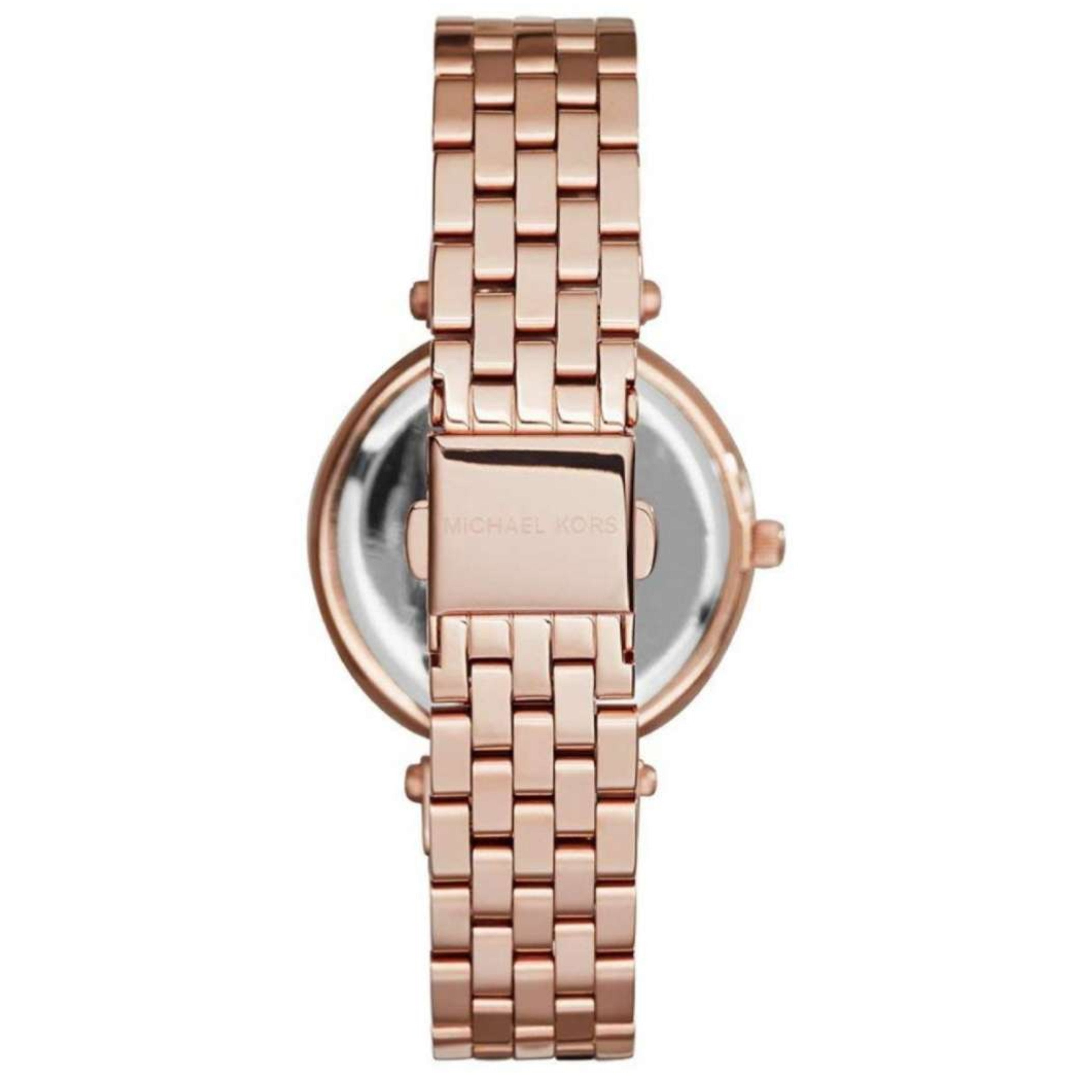 Michael Kors Darci rose gold watch caseback view showing engraved case and bracelet