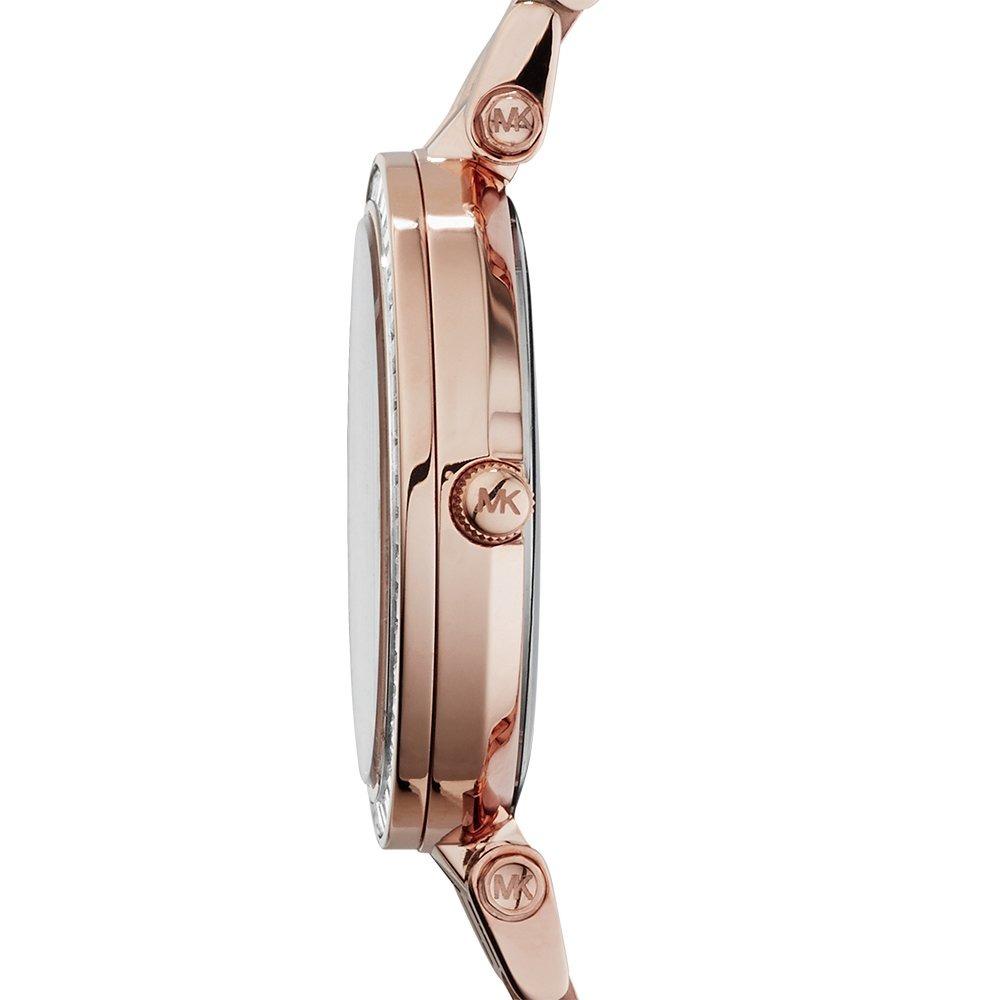 Michael Kors Darci rose gold watch side profile showing case thickness and logo