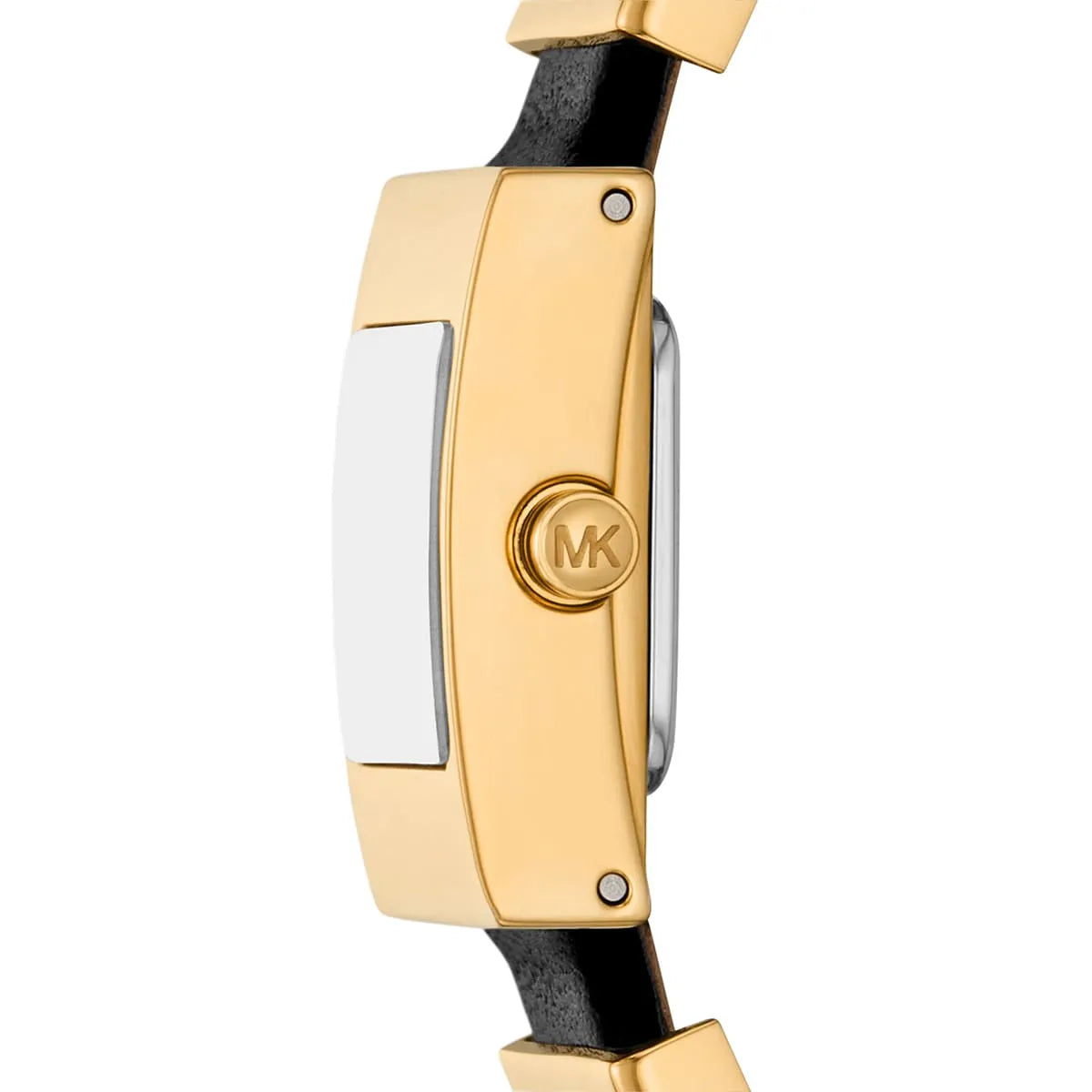 Side profile of Michael Kors Darrington MK4887 showing gold case, black dial, and leather strap