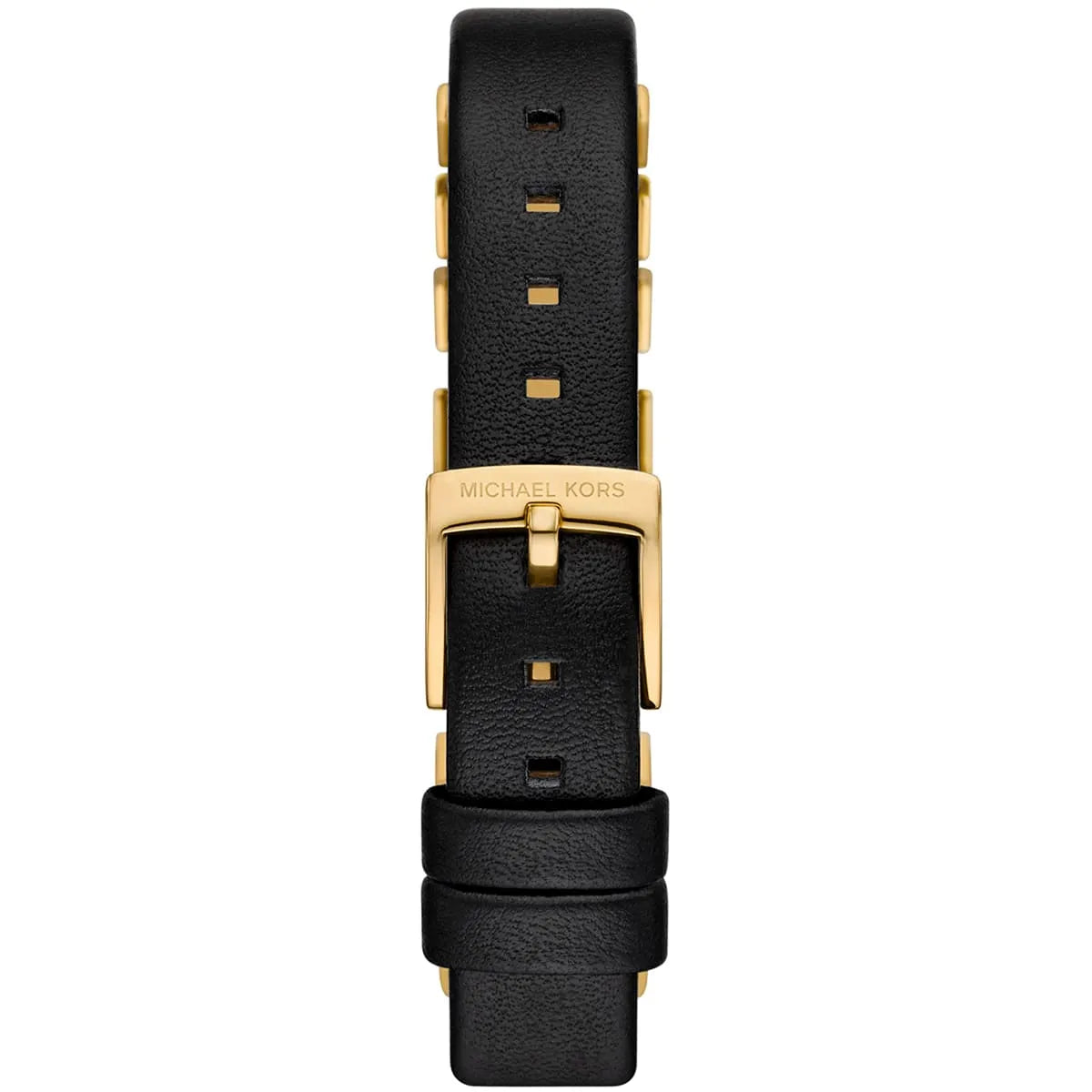Black leather strap with gold-tone buckle and square details on Michael Kors Darrington MK4887