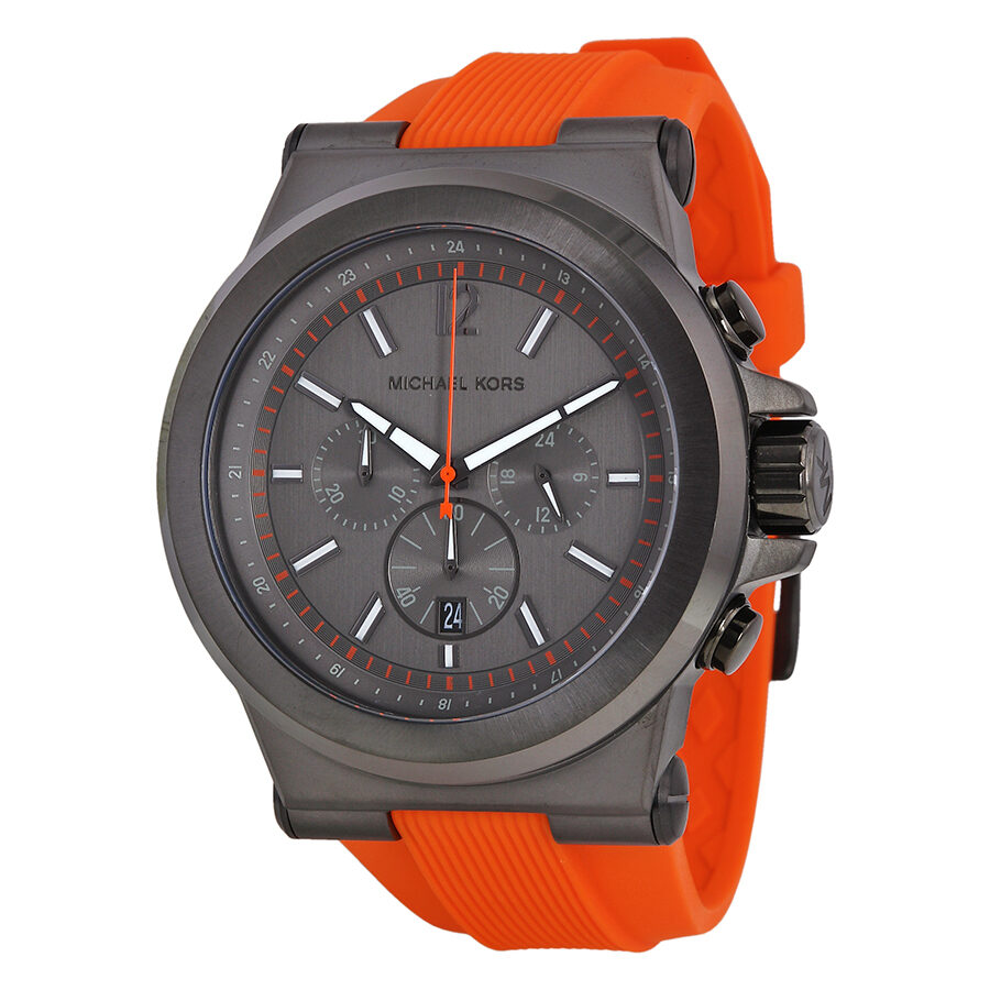 Michael Kors Dylan chronograph watch with gunmetal dial and orange rubber strap