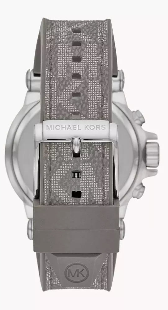 Michael Kors Dylan watch case back showing grey PVC strap and Michael Kors branding