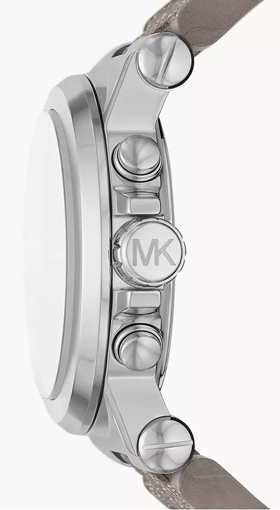 Michael Kors Dylan chronograph watch side profile showing chronograph pushers and silver case