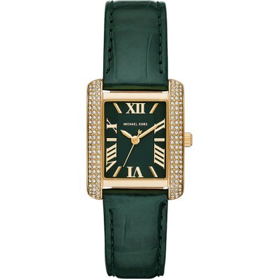 Michael Kors Emery MK4697 watch with gold-tone case, crystal bezel, and green leather strap