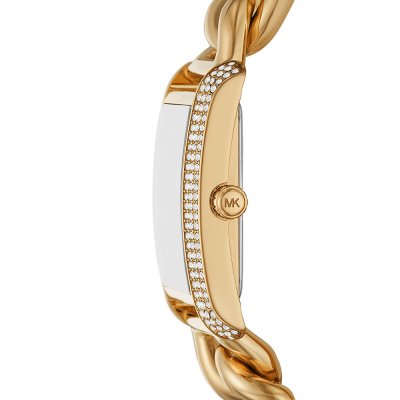 Angled view of Michael Kors Emery watch displaying rectangular case and crystal-embellished bezel edges