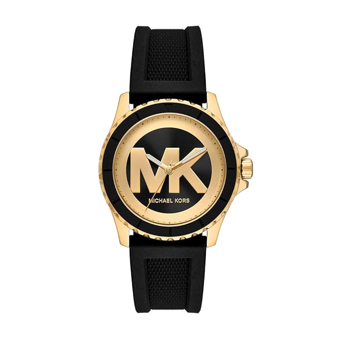 Michael Kors Everest black and gold watch with MK logo dial and black silicone strap