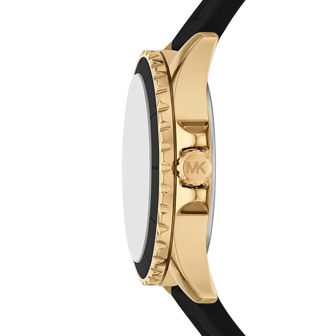 Side profile of Michael Kors Everest watch showing gold-tone case with MK studs detail