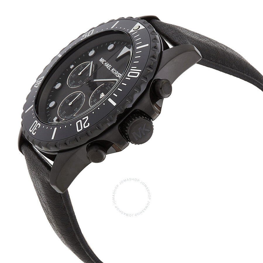 Michael Kors Everest chronograph watch side view showing three subdials and black case with pushers