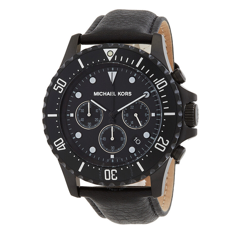 Michael Kors Everest Chronograph black dial watch with black leather strap and oversized case