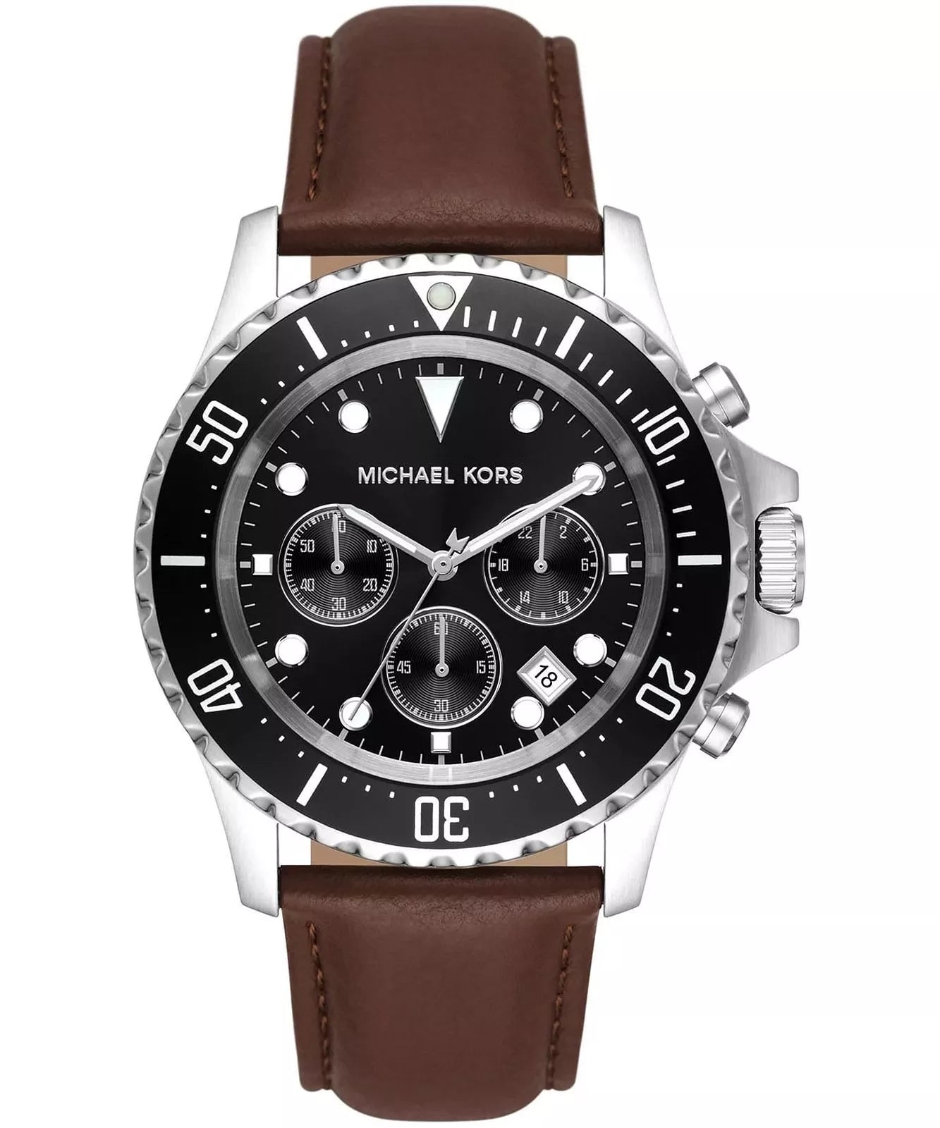 Michael Kors Everest chronograph men's watch with black dial, silver case, and brown leather strap
