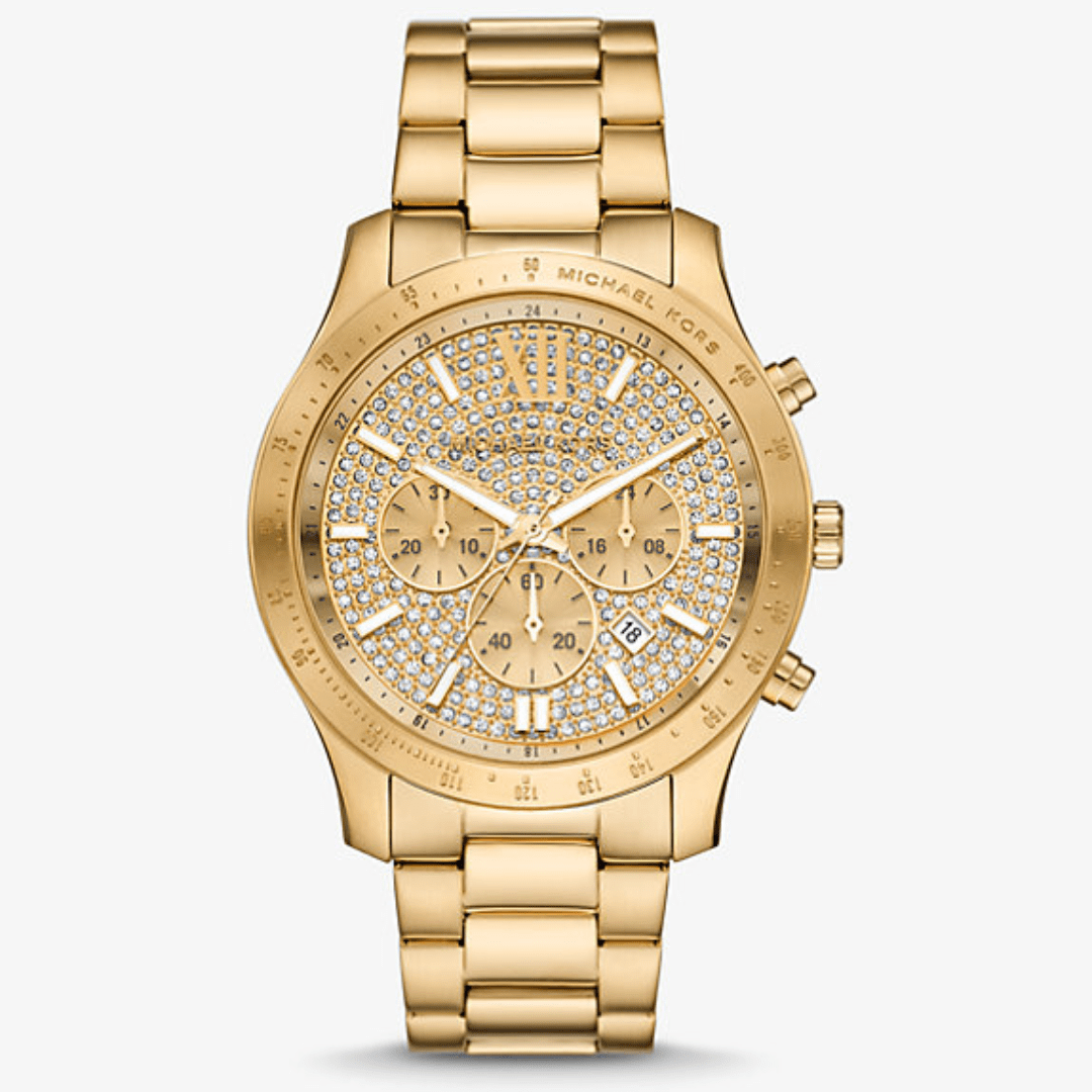 Oversized Everest Pavé silver-tone chronograph watch with crystal-set dial and gold-tone bracelet