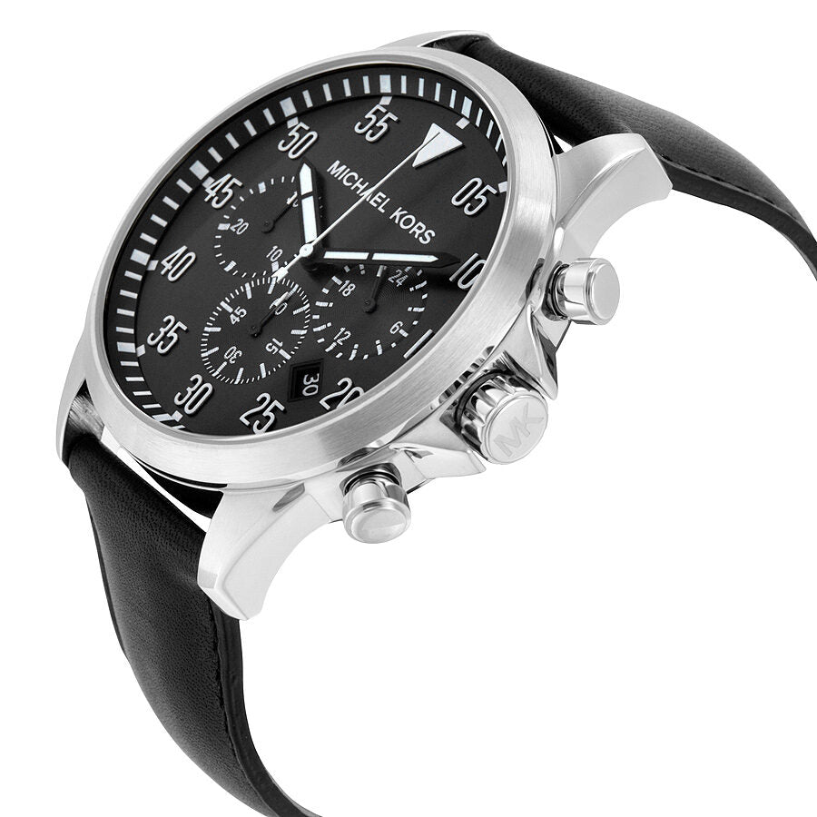 Michael Kors Gage watch side view showing chronograph pushers and black leather strap