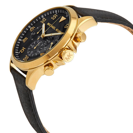 Michael Kors Gage chronograph watch at angle showing gold case and chronograph subdials