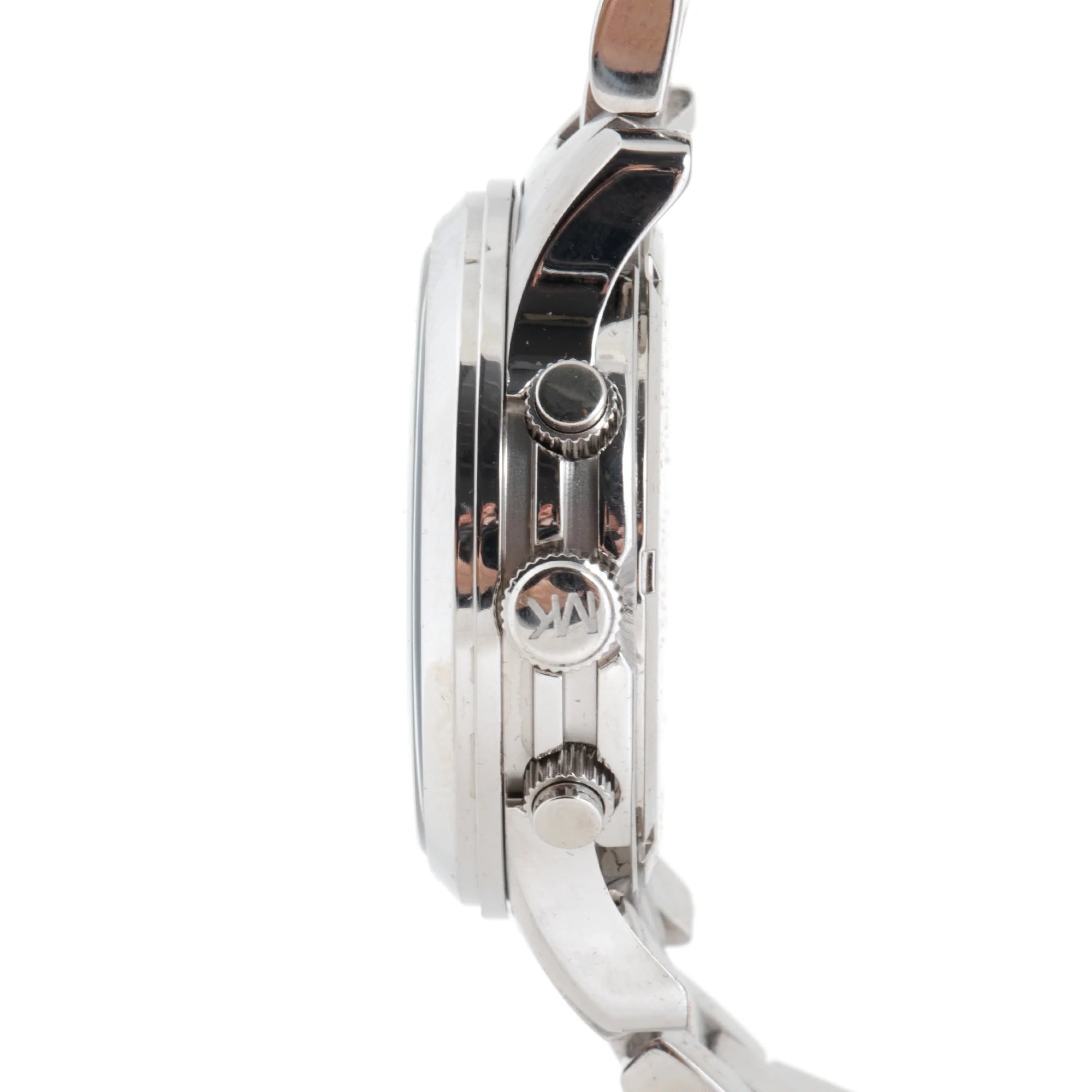 Side profile of Michael Kors Hunger Stop Chronograph watch showing case depth and bracelet