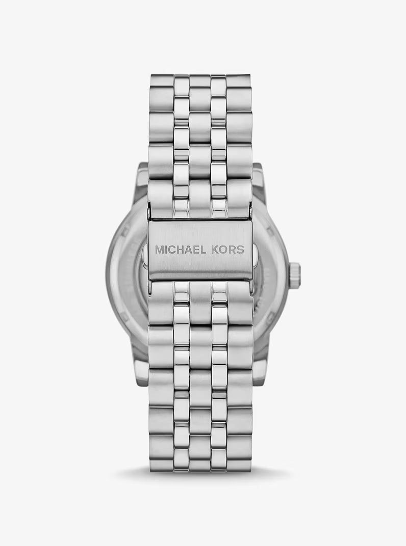 Back view of Michael Kors Hutton silver-tone watch with bracelet and caseback detail
