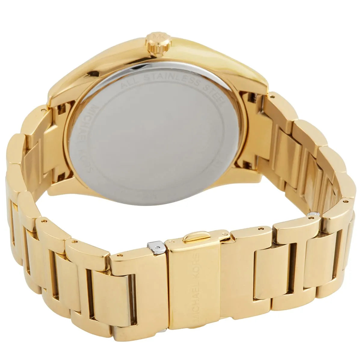 Michael Kors Janelle watch caseback displaying stainless steel case and bracelet attachment