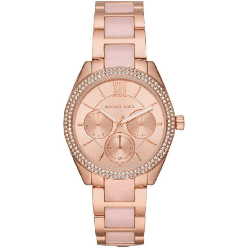 Michael Kors Janelle multifunction watch with rose gold two-tone steel case, crystal bezel, and matching strap
