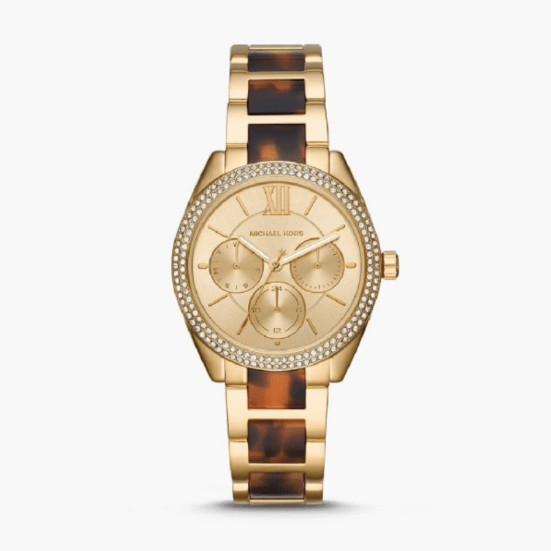 Michael Kors Janelle MK7133 gold chronograph watch with tortoise acetate and gold steel bracelet
