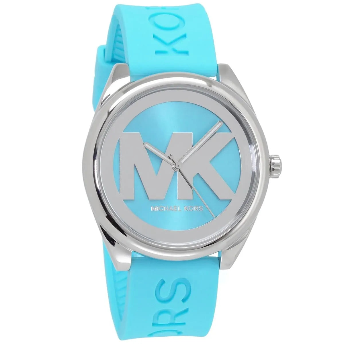 Michael Kors Janelle MK7350 angled view of watch with blue dial and turquoise rubber strap