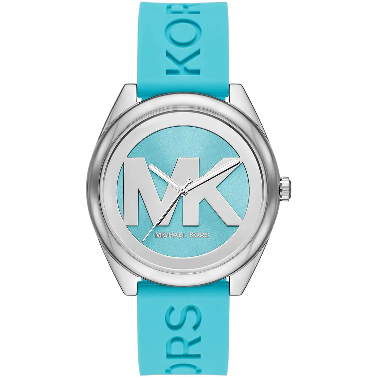 Michael Kors Janelle MK7350 watch front view showing MK logo on blue dial with turquoise strap