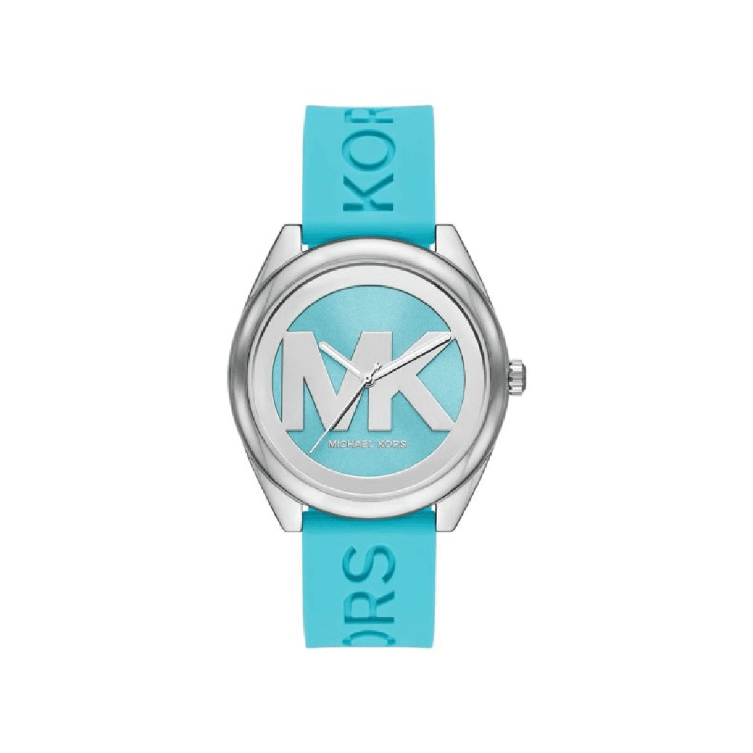 Michael Kors Janelle MK7350 women's watch with blue dial, silver case, and turquoise rubber strap