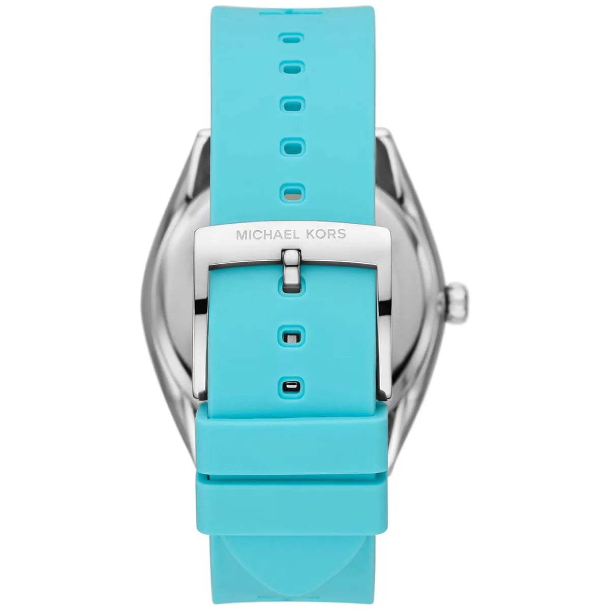 Michael Kors Janelle MK7350 turquoise rubber strap with text detailing and silver buckle