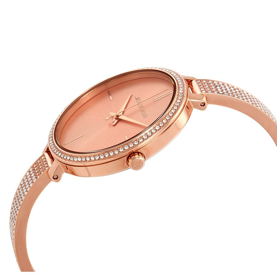 Side angle view of Michael Kors Jaryn Crystal rose gold watch with mesh strap
