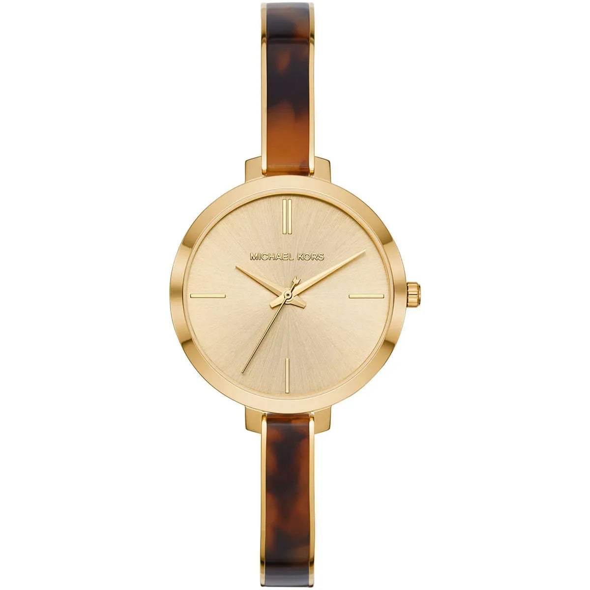 Michael Kors Jaryn watch front view showing gold dial and three-hand movement