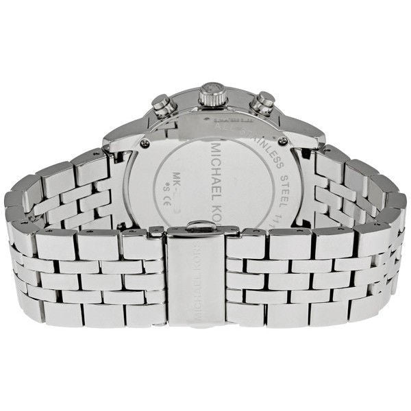 Michael Kors Jet Set Chronograph watch caseback showing stainless steel bracelet detail