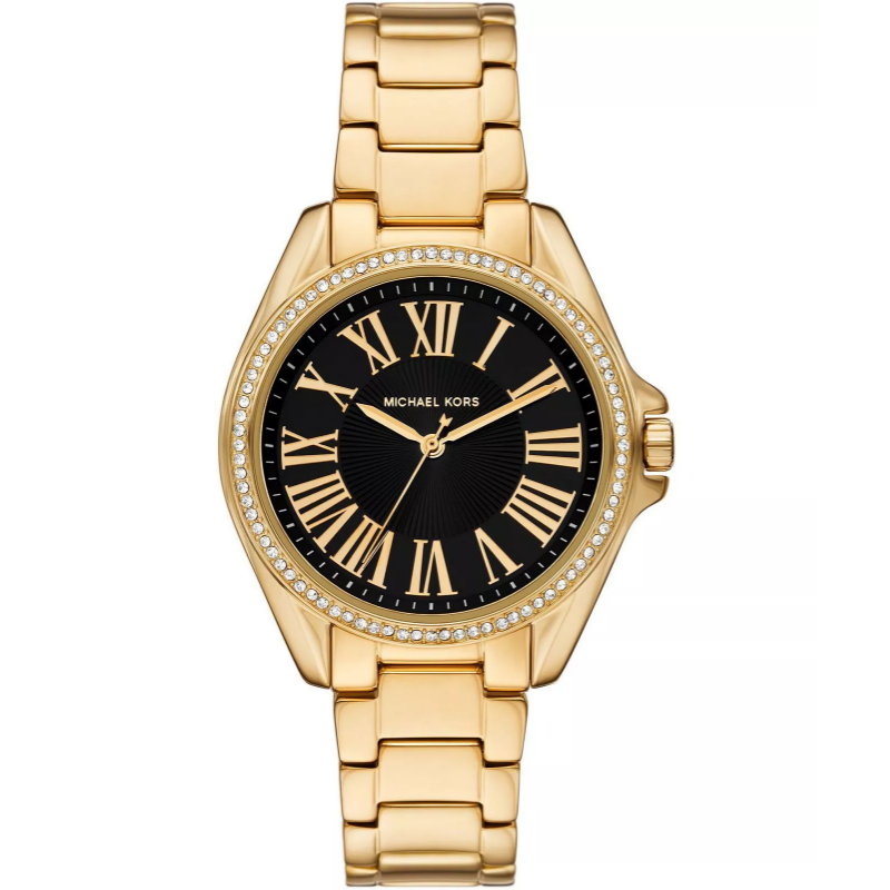Michael Kors Kacie women's watch with black dial, gold Roman numerals, and gold steel bracelet