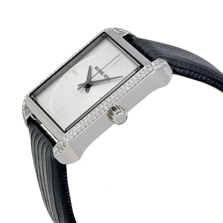 Michael Kors Kempton MK2583 three-quarter side view showing square case and black leather band