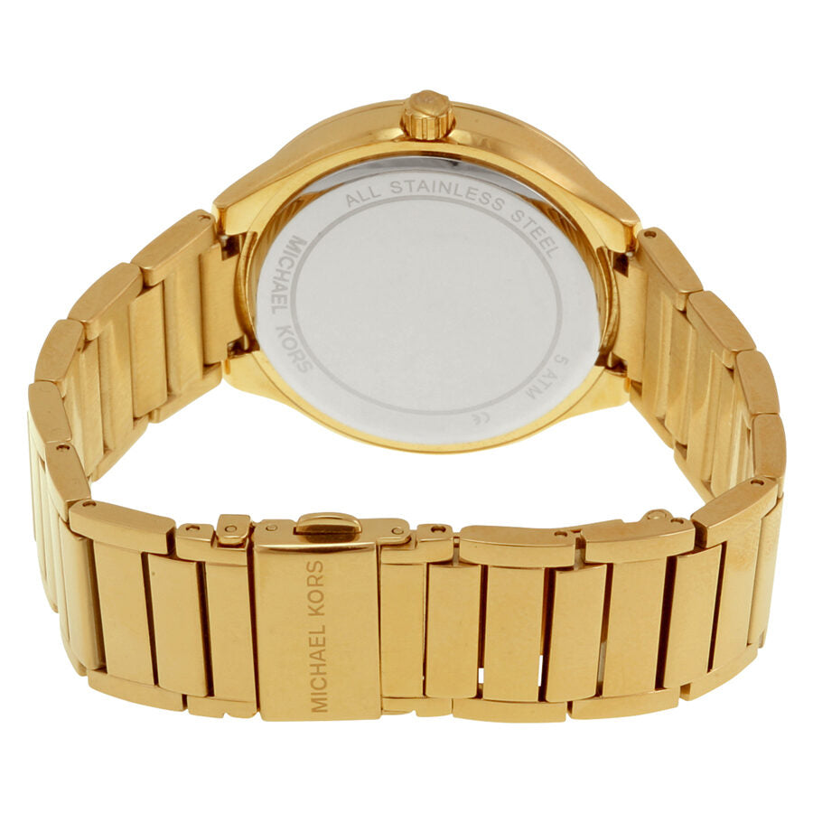 Michael Kors Kerry watch caseback showing stainless steel case and bracelet strap