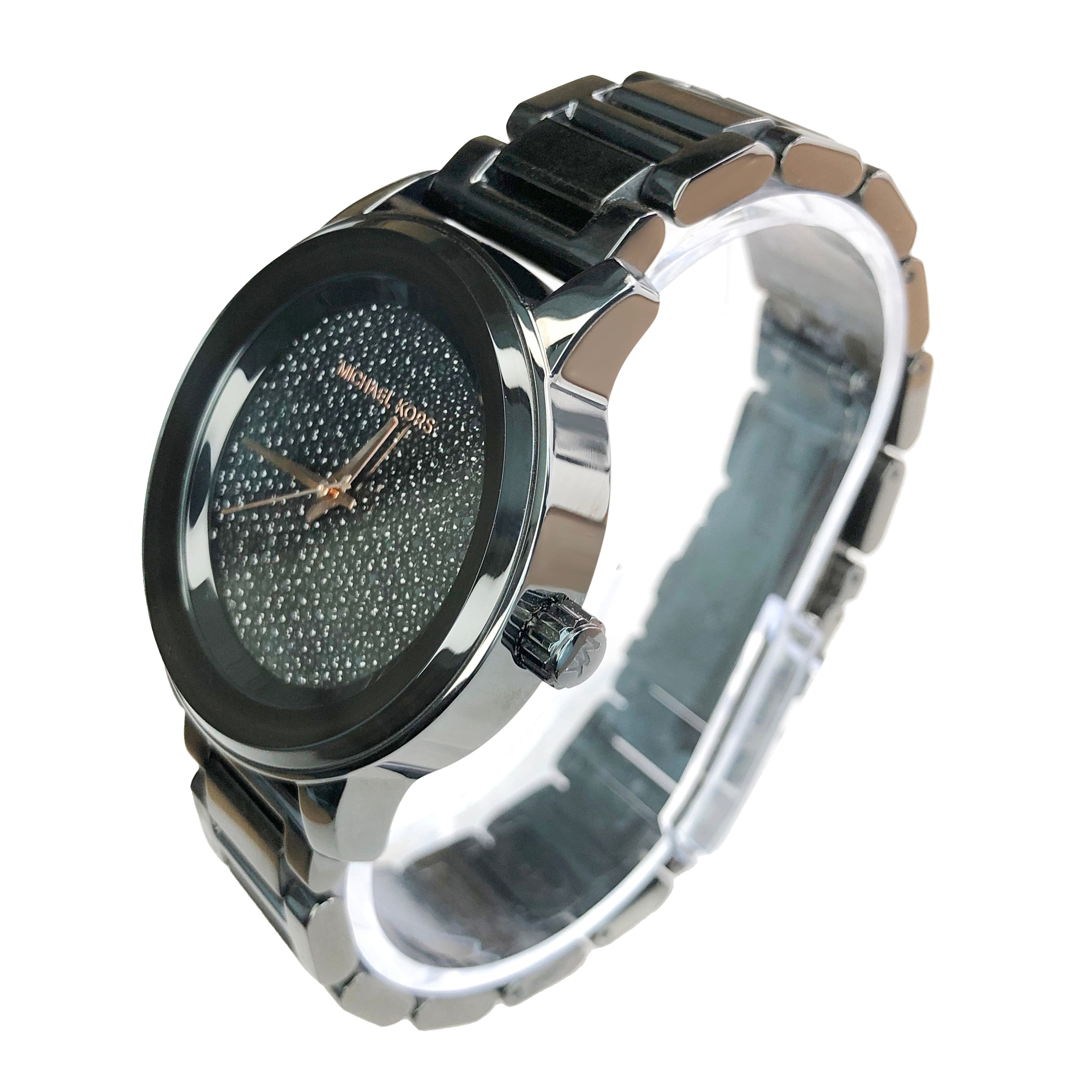 Michael Kors Kinley watch displayed at angle showing case and black metal bracelet