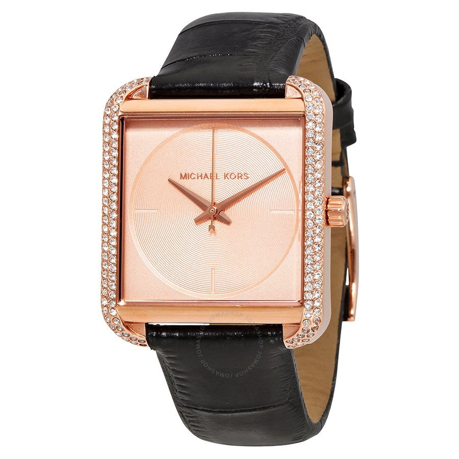 Michael Kors Lake Glitz rose gold dial watch with crystal-set case and black leather strap